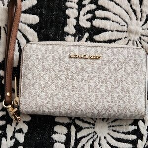Michael Kors Beige Signature Zip-Around Wristlet Wallet with Gold Hardware